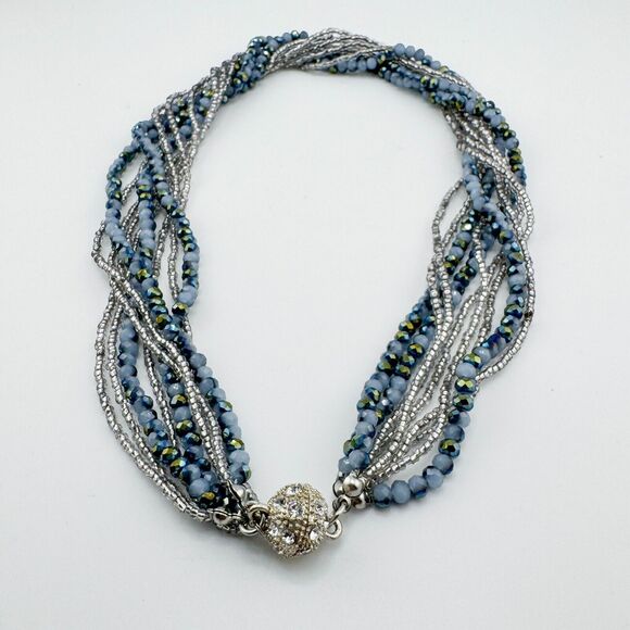 Premier Designs Necklace Layered Blue Aurora Borealis Seed Bead Strand Magnetic - Picture 9 of 10